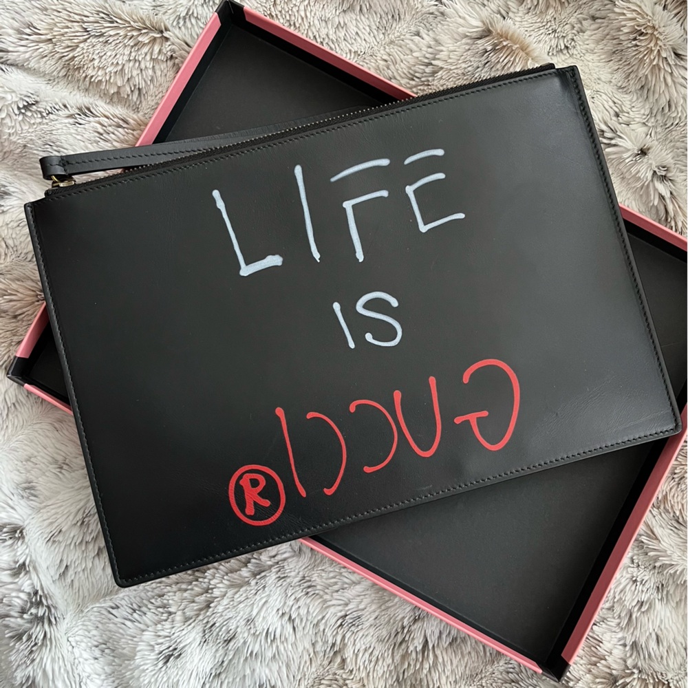 Gucci Life is Gucci Black Clutch with White/Red Graphic Text - Picture 6 of 12